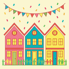 Obraz premium Vibrant Vector Illustration of Crowd Dancing in Front of Colorful Houses with Bunting and Confetti – Flat Festive Color Design