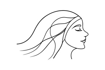 Minimalist line art a woman's profile with flowing hair face head