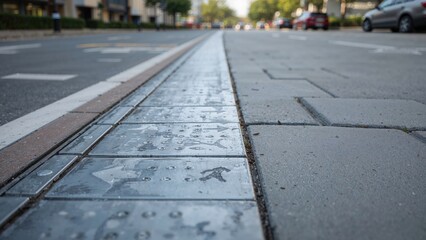 Metal edges and pavement signs crafted for visually impaired individuals at the roadside