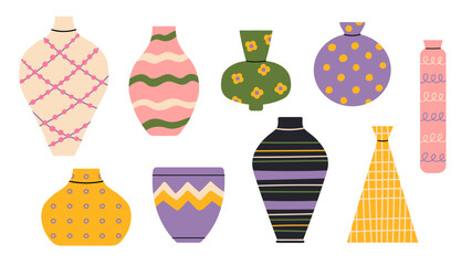 Colorful hand drawn ceramic vases set with abstract pattern, isolated on a white background, vector illustration, simple flat design, funky groovy vibes. Colorful pots collection. Pottery theme
