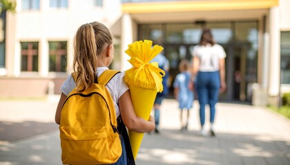 Kind mit gelber Schultüte auf dem Schulhof | blondes Mädchen Schulstart Szene von hinten