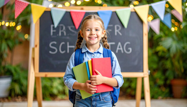 Mädchen vor Schultafel mit Erster Schultag -Schriftzug | Schulanfang draußen - Powered by Adobe