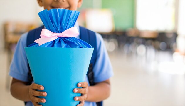 Schulkind mit Migrationshintergrund h&auml;lt blaue Schult&uuml;te mit Schleife | Klassenzimmer Aufnahme | Einschulung