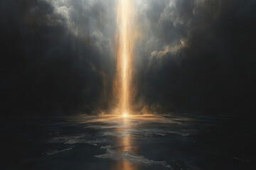 Bright light shines on dark stormy ocean.