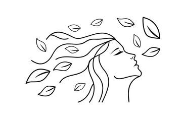 Minimalist line art a woman's profile with flowing hair leaves face