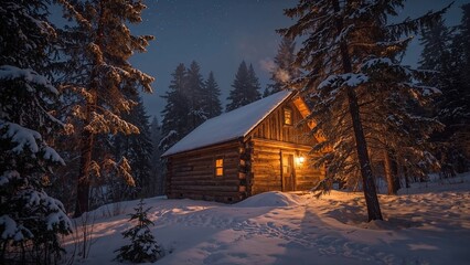 Winter travel scene featuring a nighttime cabin in pine woods