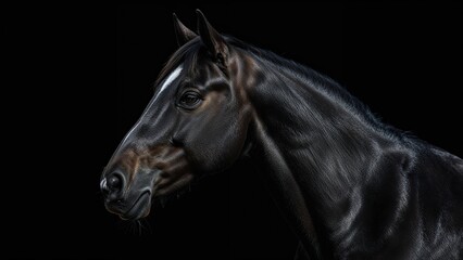 Fototapeta premium Black horse face captured with a dark background