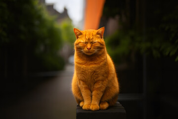 Ginger Cat Relaxing Peacefully Outdoors in Natural Light for Serene Pet Portrait