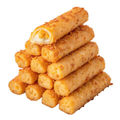 Golden brown crispy cheese sticks stacked in a pyramid shape on a black background