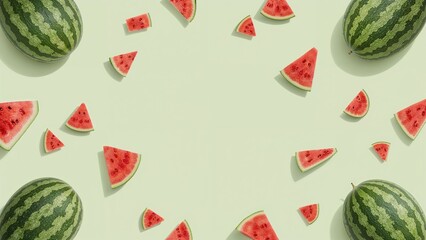 A colorful vector banner highlighting fresh watermelon segments and whole fruits tumbling through the air. EPS10 format.
