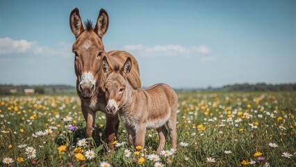 Obraz premium Adult donkey and its young in a flowery pasture. Agricultural estate