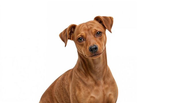 Compact dog posing in isolation on white, wide angle