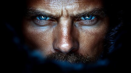 Intense portrait of a man's face, highlighting intense blue eyes.