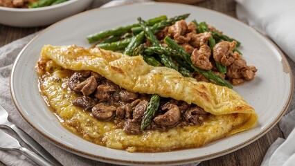 Savory morning meal combining eggs, chicken meat, mushrooms, and asparagus