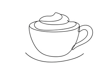 Single line drawing a cup hot chocolate with whipped cream drink beverage