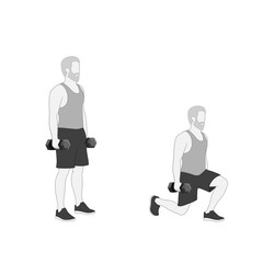 Man Demonstrating Dumbbell Lunges Exercise in Two Positions Standing and Lunging for Fitness and Strength Training Illustration man performing dumbbell