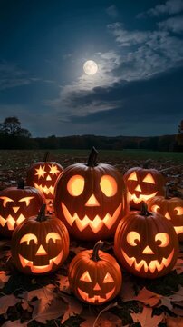Glowing carved pumpkins under a full moon perfect for halloween holiday season