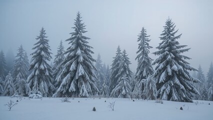 Winter scene of foggy pine trees in a snowy woodland