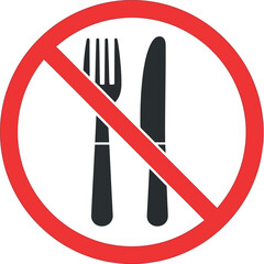 A clear vector illustration of a no food or drink symbol, featuring a fork and knife inside a red prohibition circle.