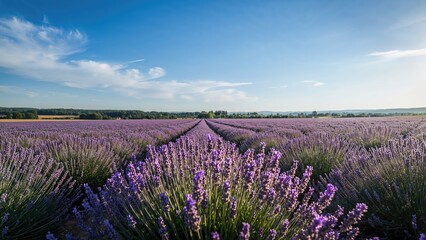 Fototapeta premium Wide-angle perspective of a vibrant lavender meadow