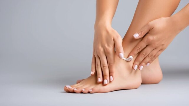 manos de mujer dando masaje con crema en pie y pierna