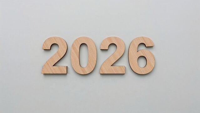 Grey background with wooden numbers representing New Year 2026 and empty copy area