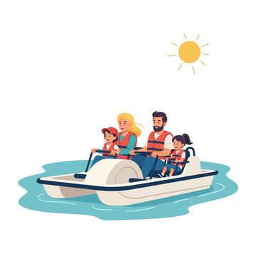 Flat vector illustration of a family riding a pedal boat on a lake during summer, smiling and enjoying the sunshine, isolated on white