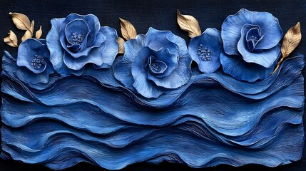Blue sculpted flowers and wavy lines.