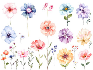 Set of flowers vector, bouquet of flowers, Set of watercolor wild flowers, set of flowers clipart