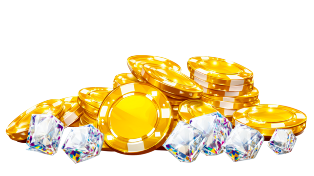 Bright gold coins and sparkling diamonds on a clear background