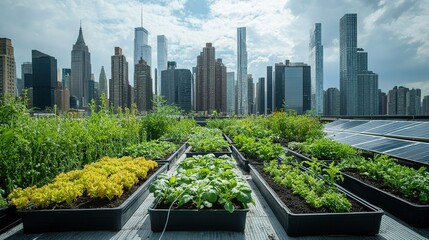 Fototapeta premium Sustainable Urban Farming Rooftop Modern Cityscape Organic Vegetable Beds Solar-Powered Irrigation Beehives Digital Asset