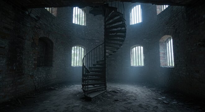 Haunted Spiral Staircase in Abandoned Building with Eerie Lighting 