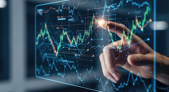 Business person's hand analyzing a glowing stock market chart on a futuristic digital screen.