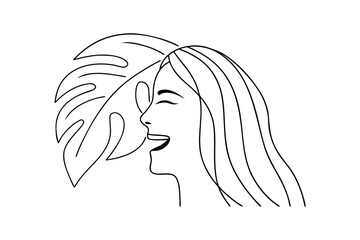 Woman laughing with long hair monstera leaf line art vector