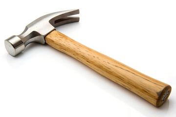 Claw Hammer with Polished Steel Head and Wooden Handle on White Background