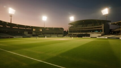 Empty sports stadium at night under bright floodlights with lush green field