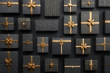 Collection of elegant gift boxes arranged artfully on a dark surface, showcasing various patterns and gold accents