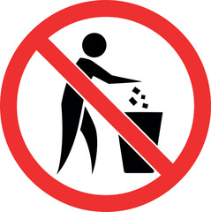 A classic no littering prohibition sign featuring a black silhouette figure and trash bin inside a red crossed circle.