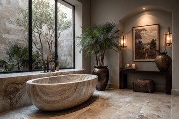 Luxurious marble bathtub in a tranquil bathroom with natural light and greenery in a modern setting