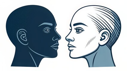 Side-by-side simplified faces with contrasting tones, illustrating duality or emotional transformation