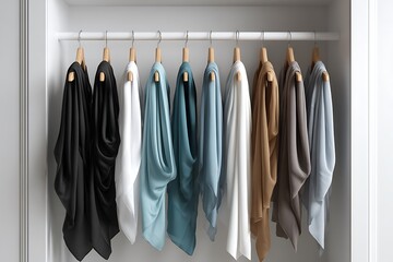 Elegant scarves in a variety of colors hanging in a closet, perfect for fashion, retail, and lifestyle branding
Keywords:
