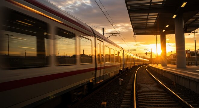 High-Speed Train Passing at Sunset with Motion Blur and Glowing Reflections 