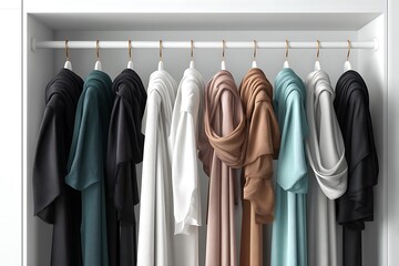 Obraz premium Elegant designer clothing collection hanging in a modern minimalist closet, showcasing stylish apparel options for fashion and retail