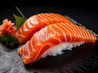 Pristine Close-up: Glistening Raw Salmon Sashimi or Nigiri Sushi

