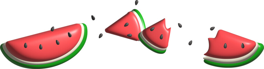 Realistic 3D Watermelon Slices with Seeds Isolated on White Background, Fresh Fruit Vector Illustration for Summer Food and Healthy Eating Concepts.