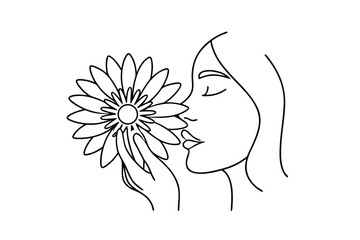 Fototapeta premium Woman smelling a daisy flower line art on scent