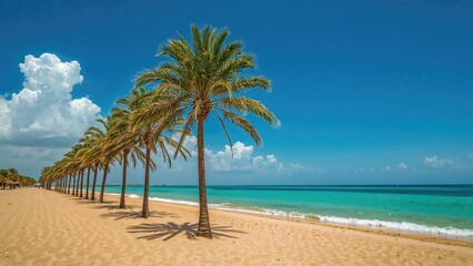 Wide-angle tropical shot of a sandy beach lined with palm trees under a clear blue sky