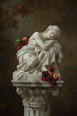 A classical marble statue of a sleeping woman, adorned with fresh fruits, is placed on an elegant pedestal, creating a peaceful, artistic still-life composition in a Baroque-inspired style.