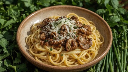 Creamy mushroom fettuccine pasta prepared from scratch
