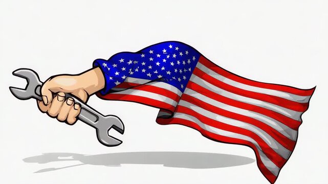 3D cartoon-style hand gripping a wrench wrapped in an American flag, powerful and dynamic, isolated on white background.